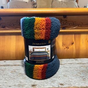New Pendleton Striped King Fleece Blanket in Blue, Green, and Orange